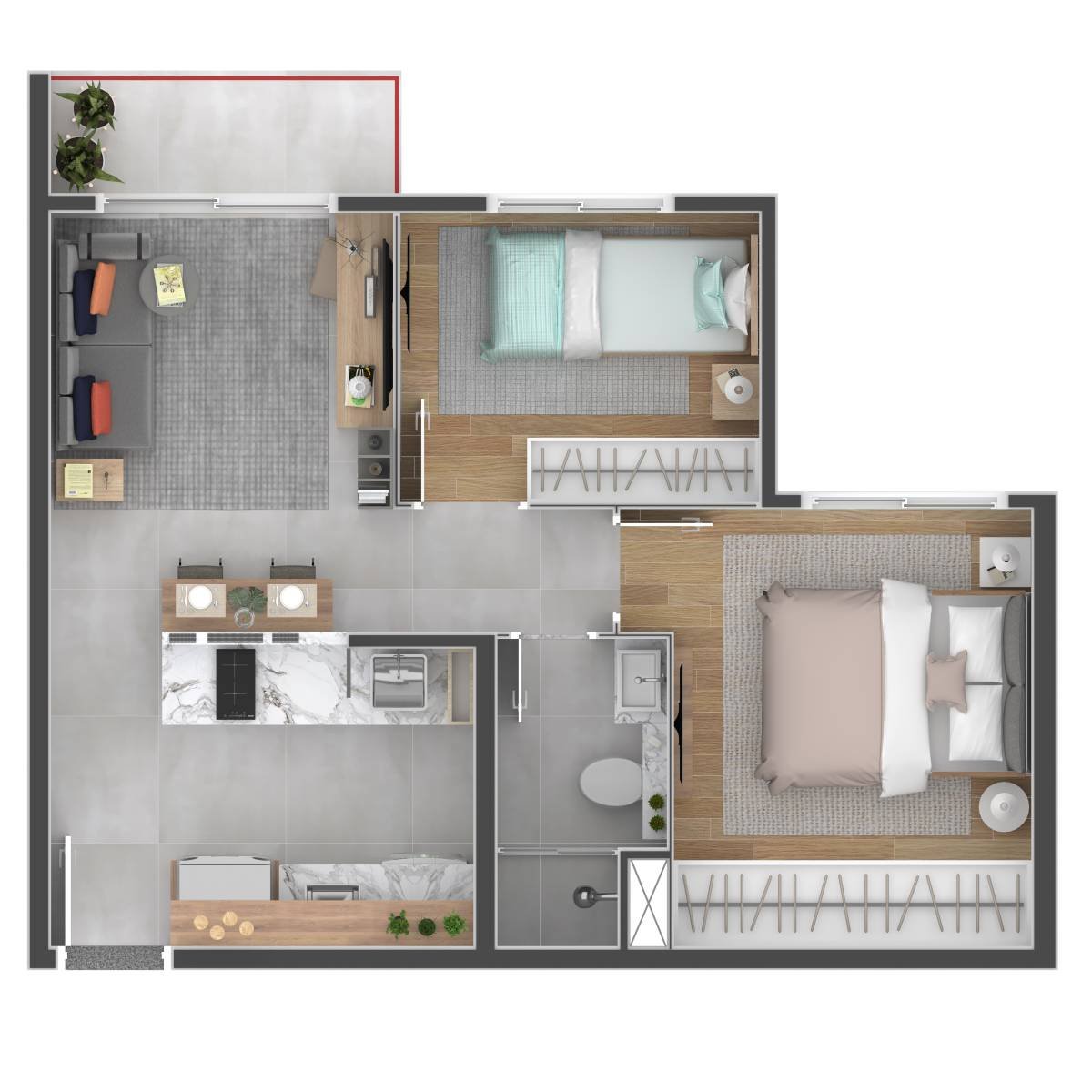 Planta humanizada do apartamento tipo de 2 dormitórios, com sala, cozinha, banheiro e varanda