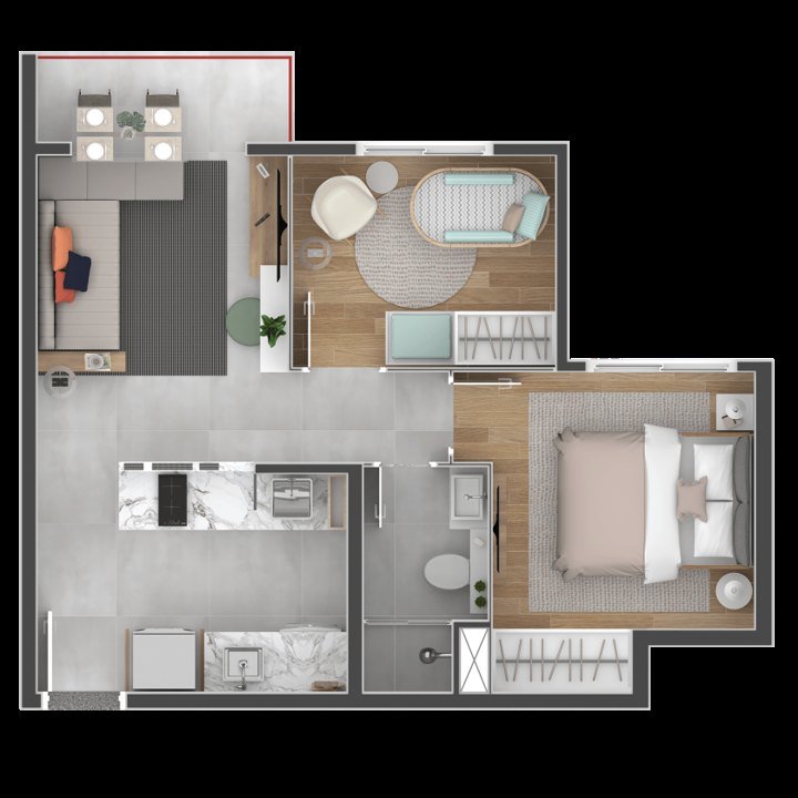 Planta humanizada do apartamento decorado de 2 dormitórios, com a disposição dos móveis