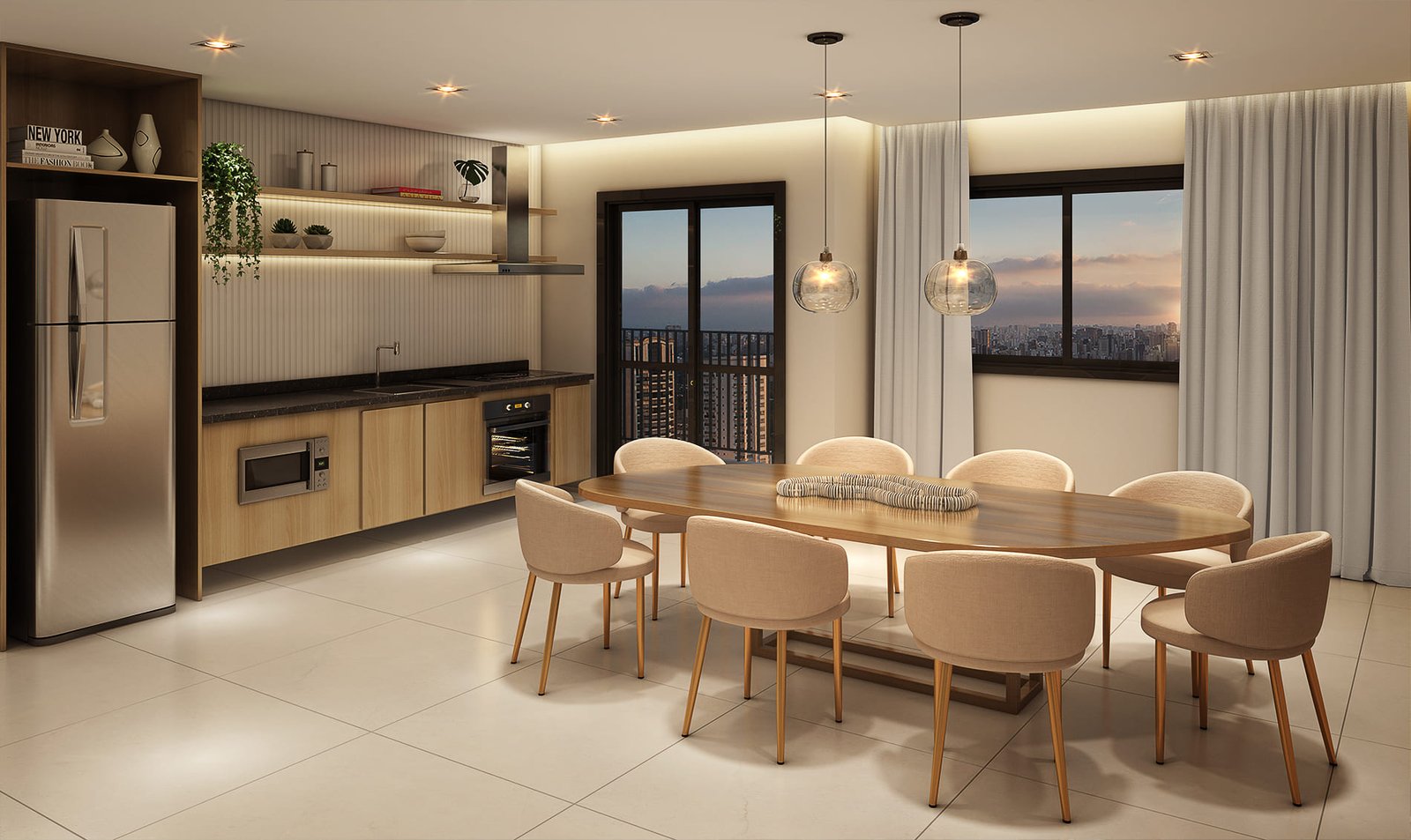 Perspectiva do salão gourmet com cozinha equipada e mesa de jantar