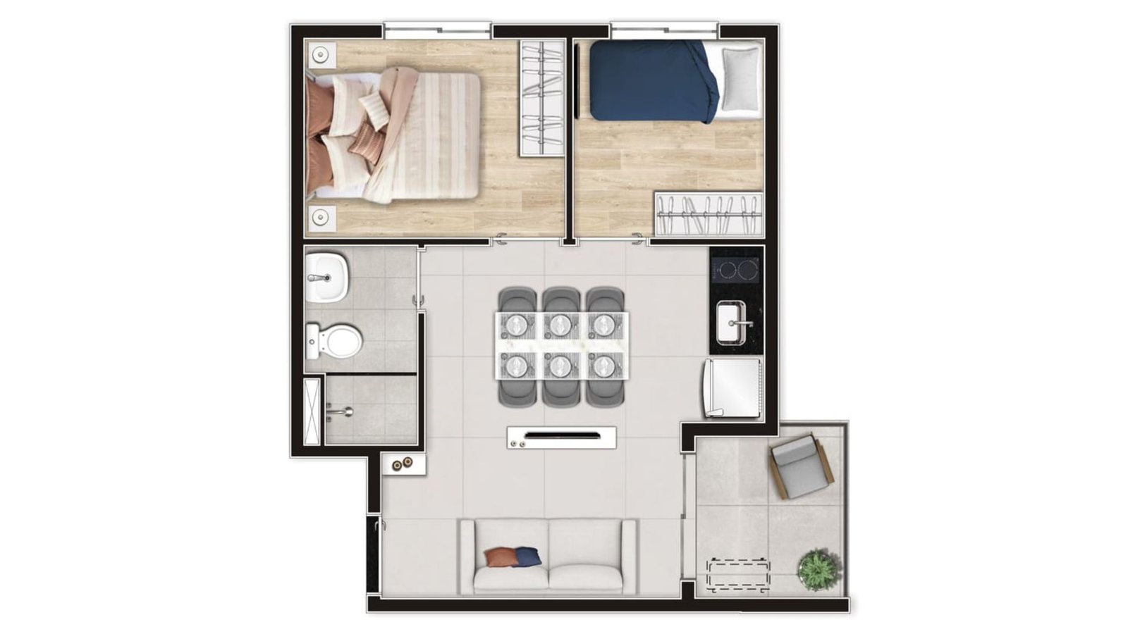 Planta humanizada do apartamento de 2 dormitórios (finais 04, 05, 10 e 11), com sala, cozinha, banheiro e terraço