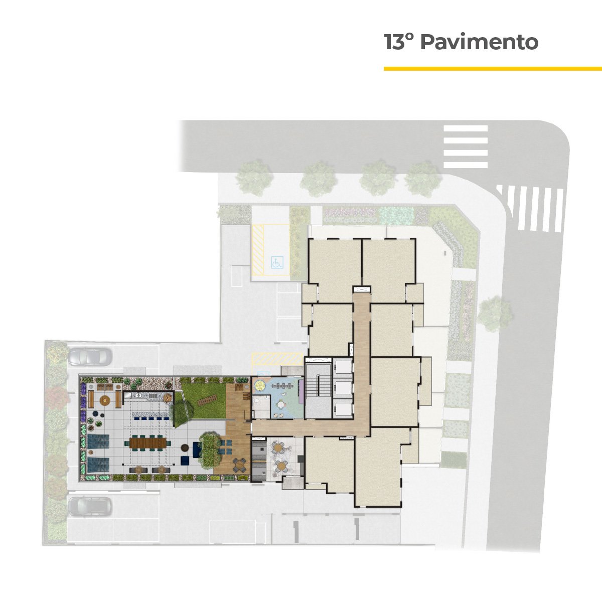 Implantação do 13º pavimento com praça da lareira, espaço zen, churrasqueira, brinquedoteca, coworking e mini mercado