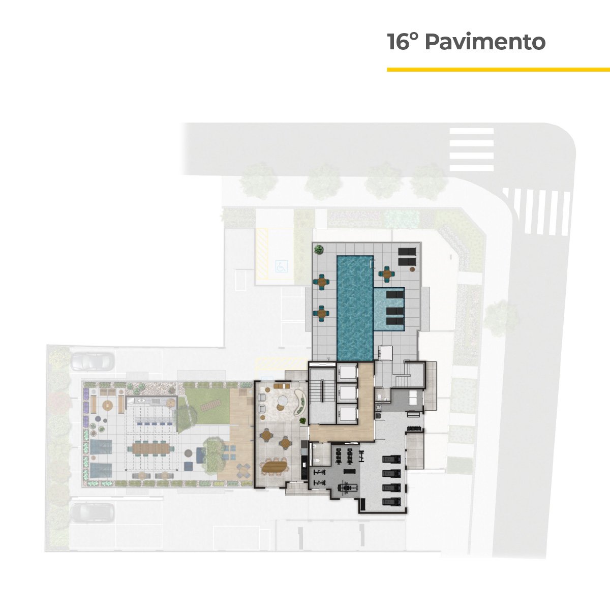 Implantação do rooftop no 16º pavimento com piscina, deck molhado, solarium, salão de festas, espaço gourmet, fitness e lavanderia
