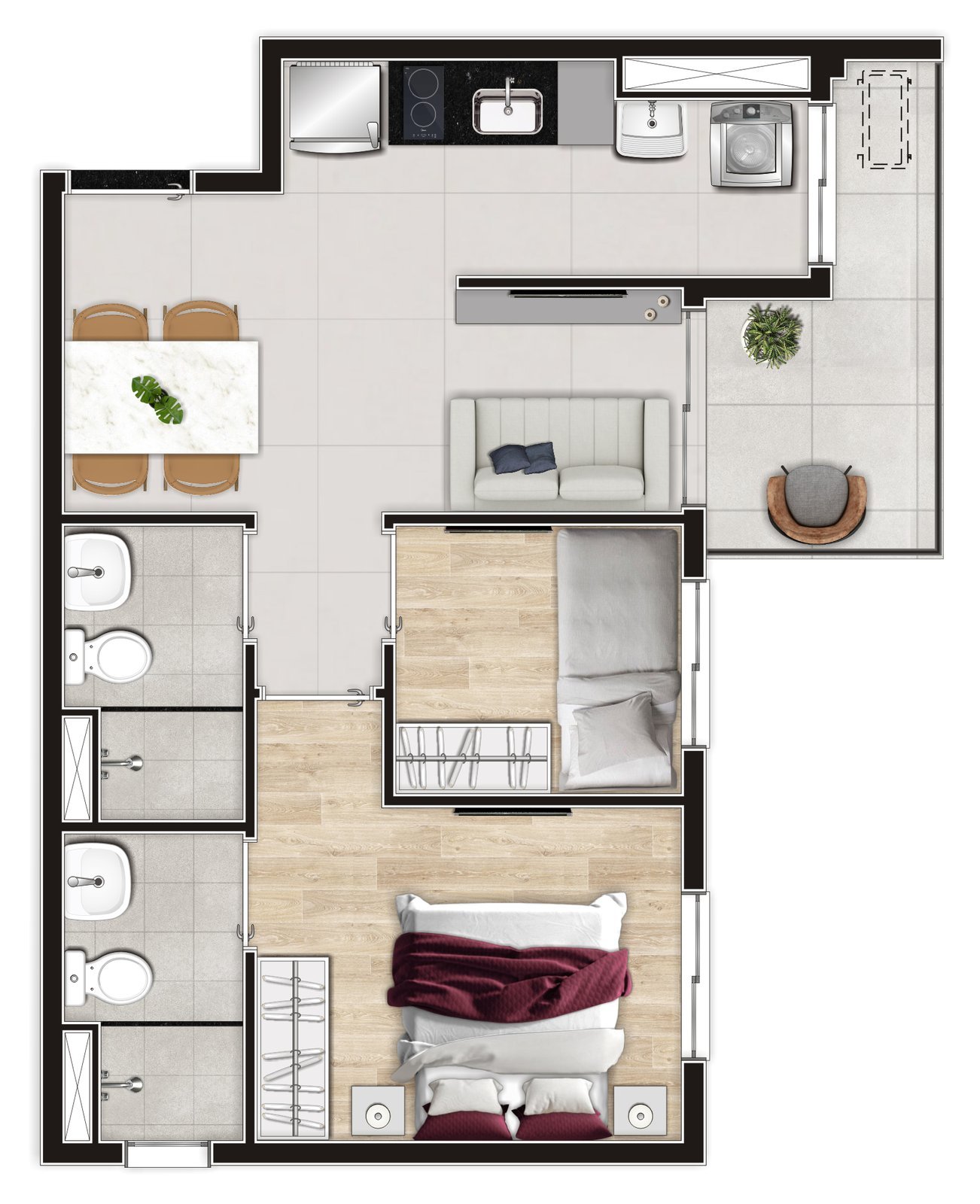 Planta humanizada do apartamento de 2 dormitórios final 01 (40,35 m²), com sala, cozinha, dois banheiros e terraço