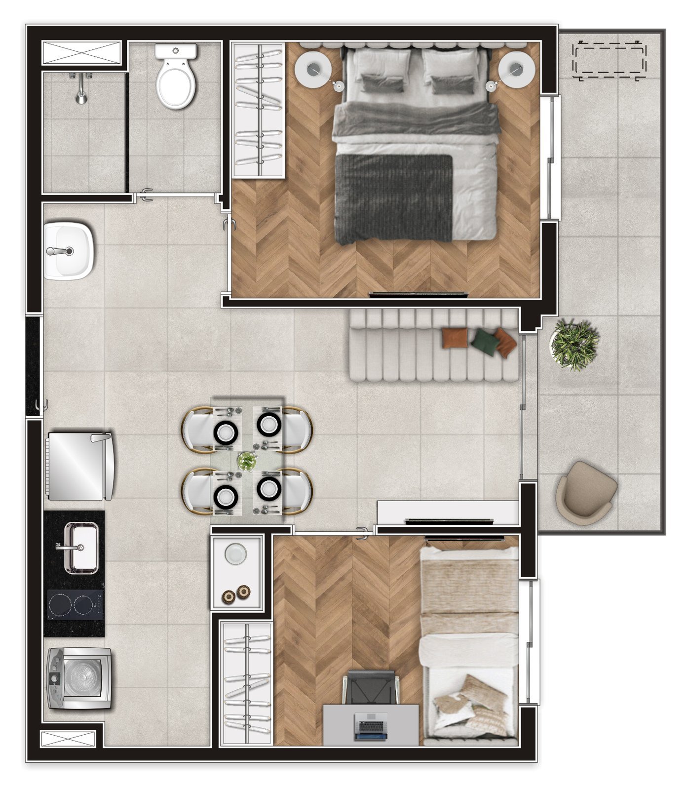 Planta humanizada do apartamento de 2 dormitórios final 02 (37,64 m²), com sala e cozinha integradas, banheiro e terraço