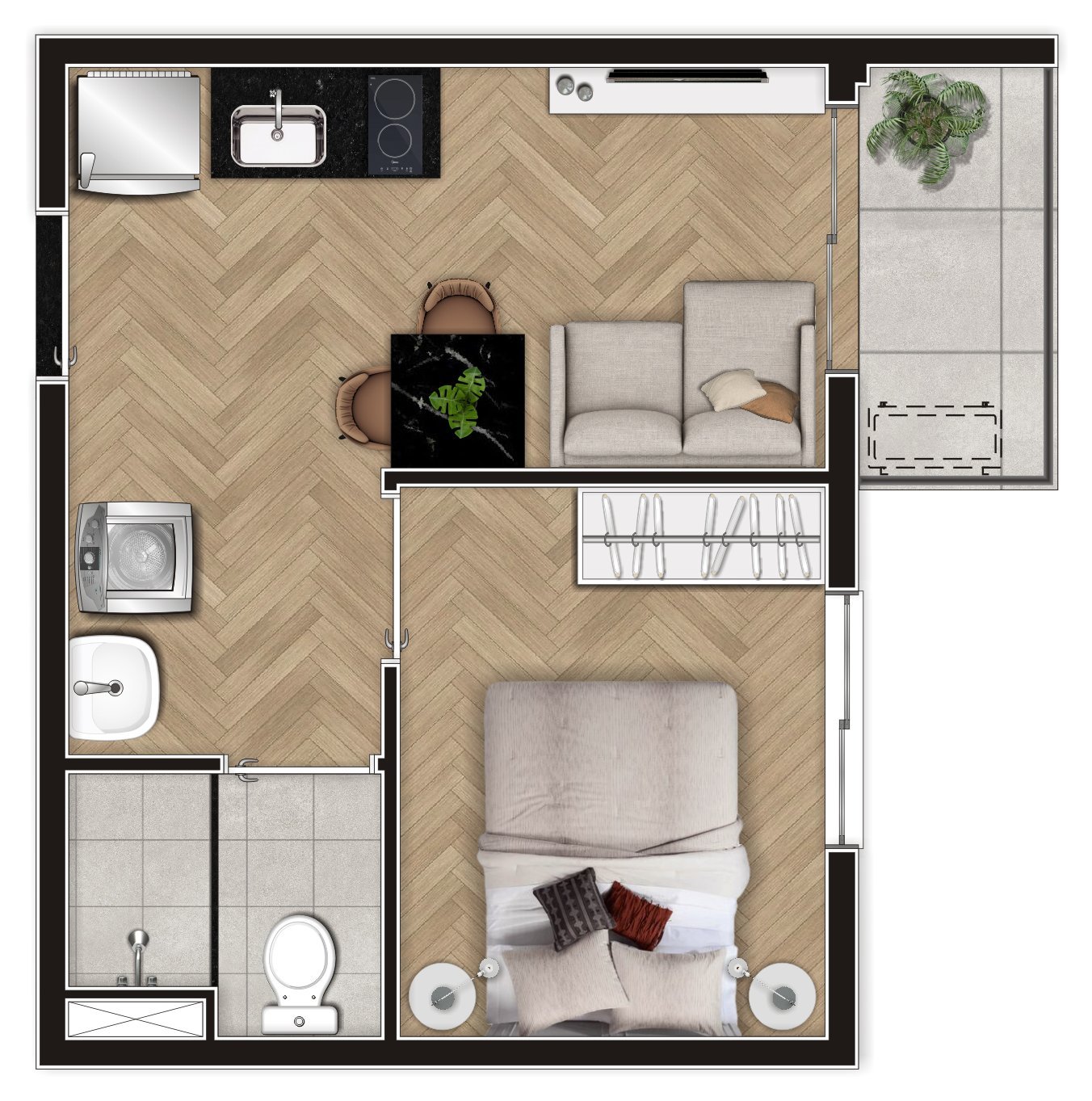 Planta humanizada do apartamento HIS-2 de 1 dormitório (tipo dos finais 03, 06 a 09 e 12 a 14), com sala e cozinha integradas, quarto, banheiro e terraço