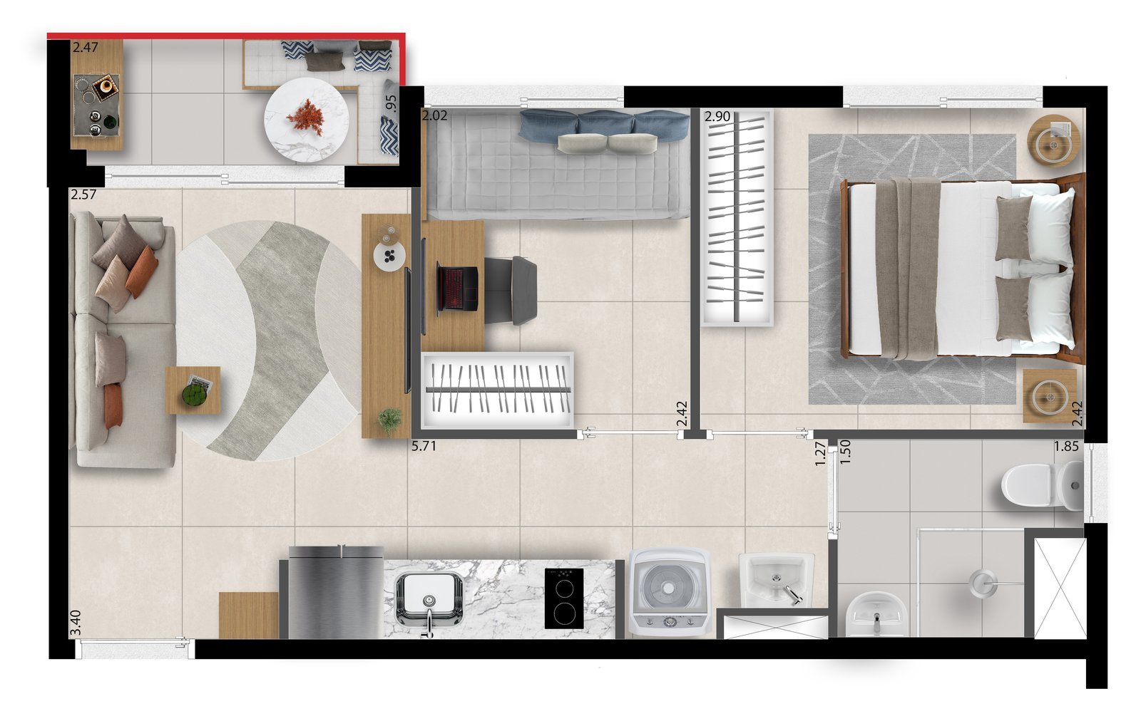Planta humanizada do apartamento de 2 dormitórios final 01 (34,20 m²), tipologia do decorado, com sala e cozinha integradas, banheiro e varanda