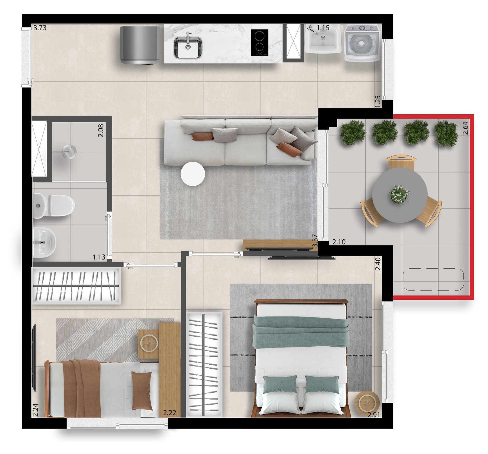 Planta humanizada do apartamento de 2 dormitórios final 02 (36,61 m²), com sala e cozinha integradas, banheiro e varanda