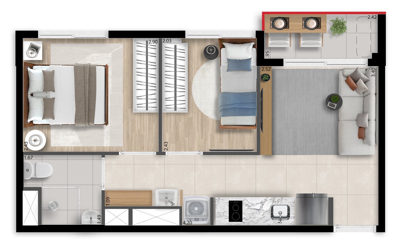 Planta humanizada do apartamento de 2 dormitórios final 03 (33,76 m²), com sala e cozinha integradas, banheiro e varanda