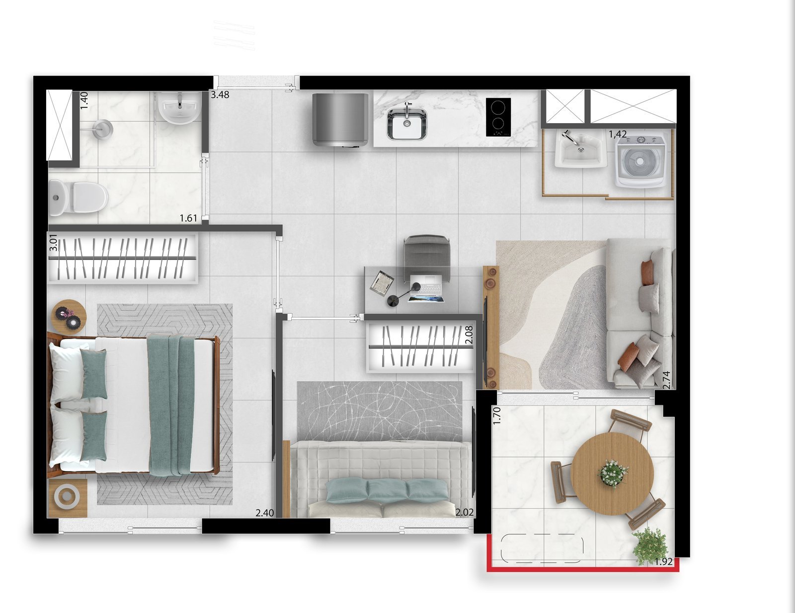 Planta humanizada do apartamento de 2 dormitórios final 04 (32,70 m² do 4º ao 11º andar; a unidade 034 tem 32,78 m²), com sala e cozinha integradas, banheiro e varanda