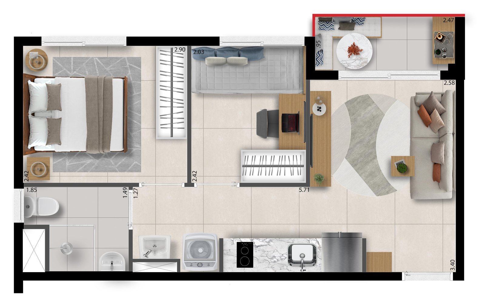 Planta humanizada do apartamento de 2 dormitórios final 05 (34,13 m²), com sala e cozinha integradas, banheiro e varanda