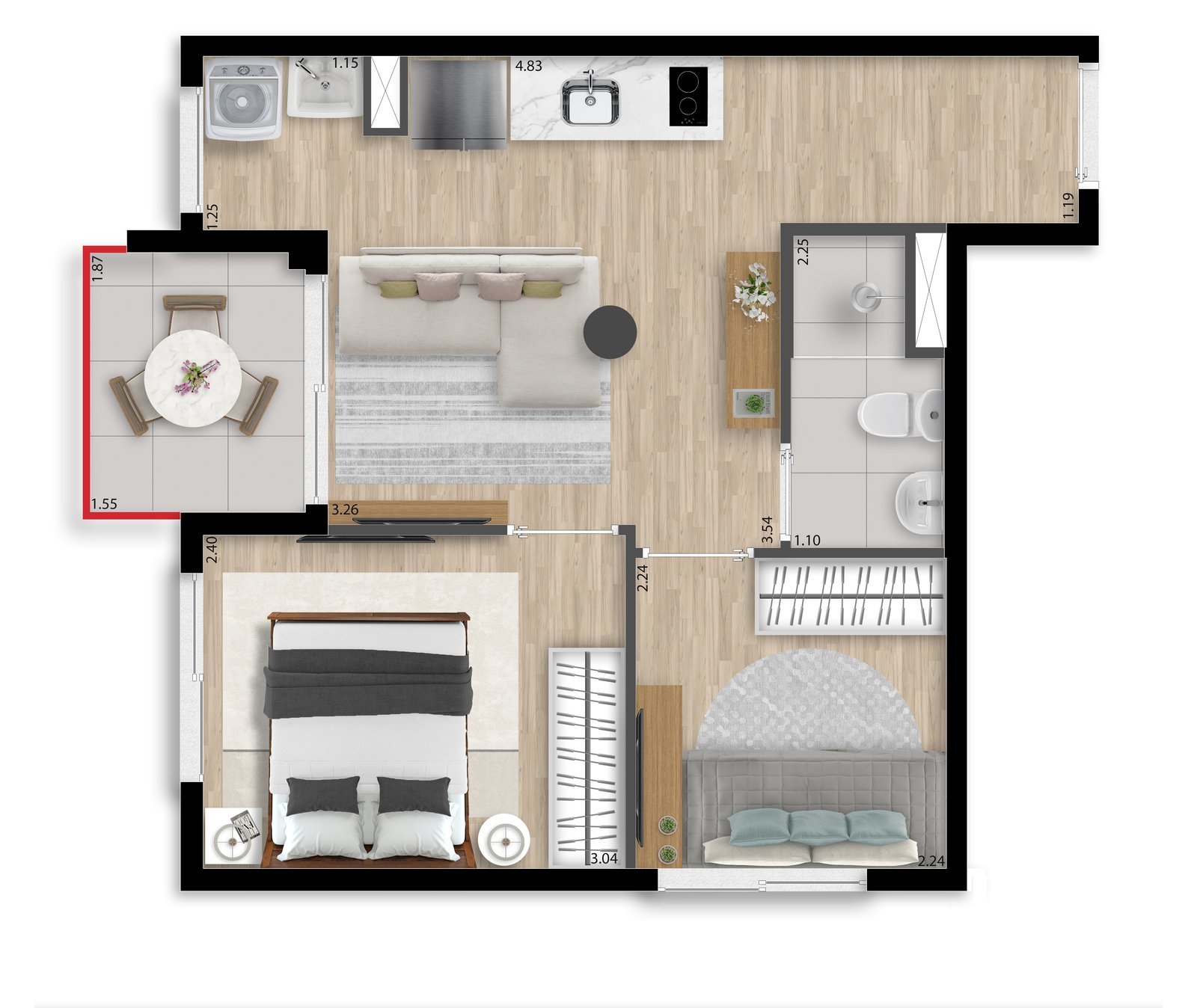 Planta humanizada do apartamento de 2 dormitórios final 06 (36,51 m²), com sala e cozinha integradas, banheiro e varanda