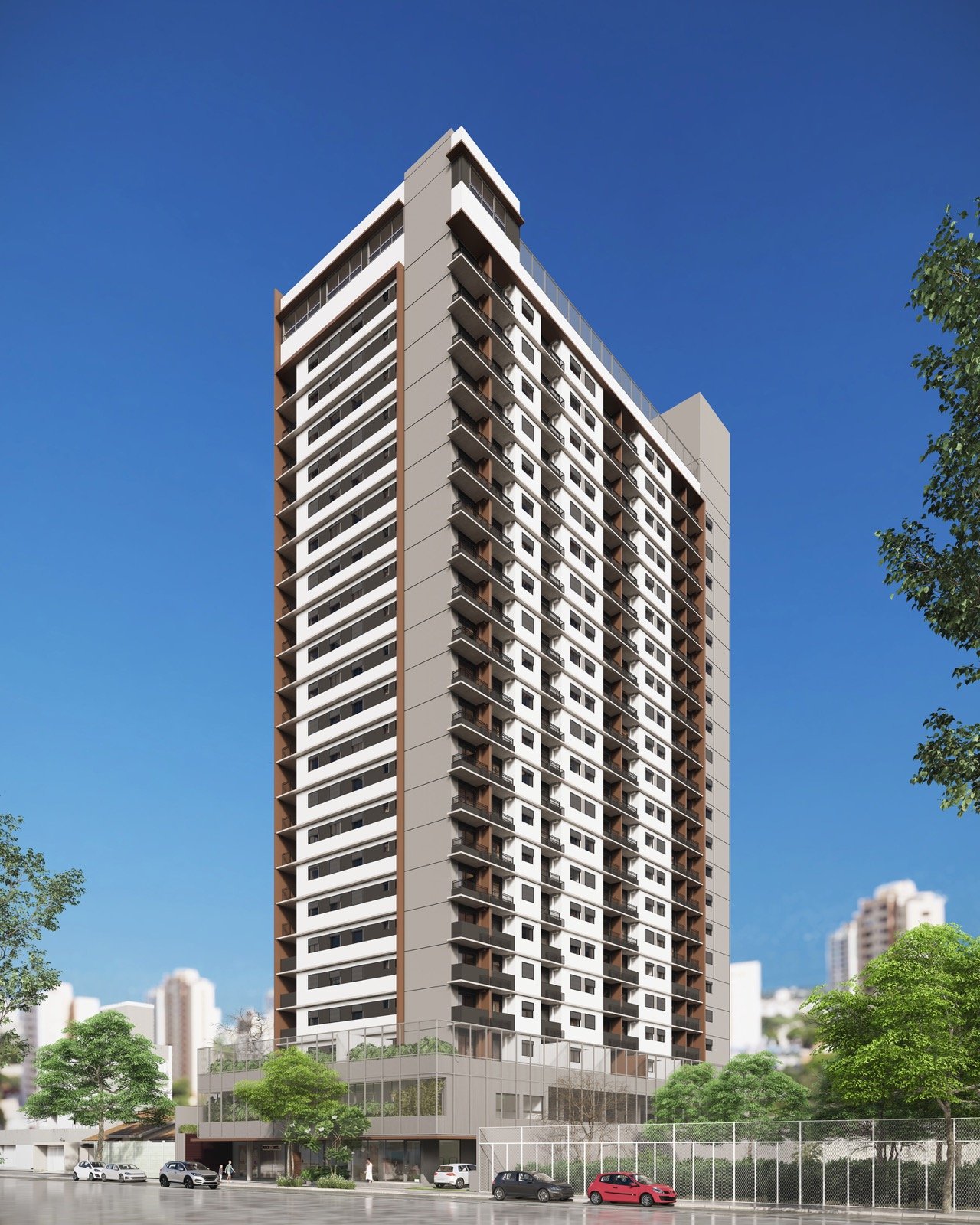 Perspectiva diurna da torre do Bracon Quatá na Vila Olímpia, com arborização no entorno