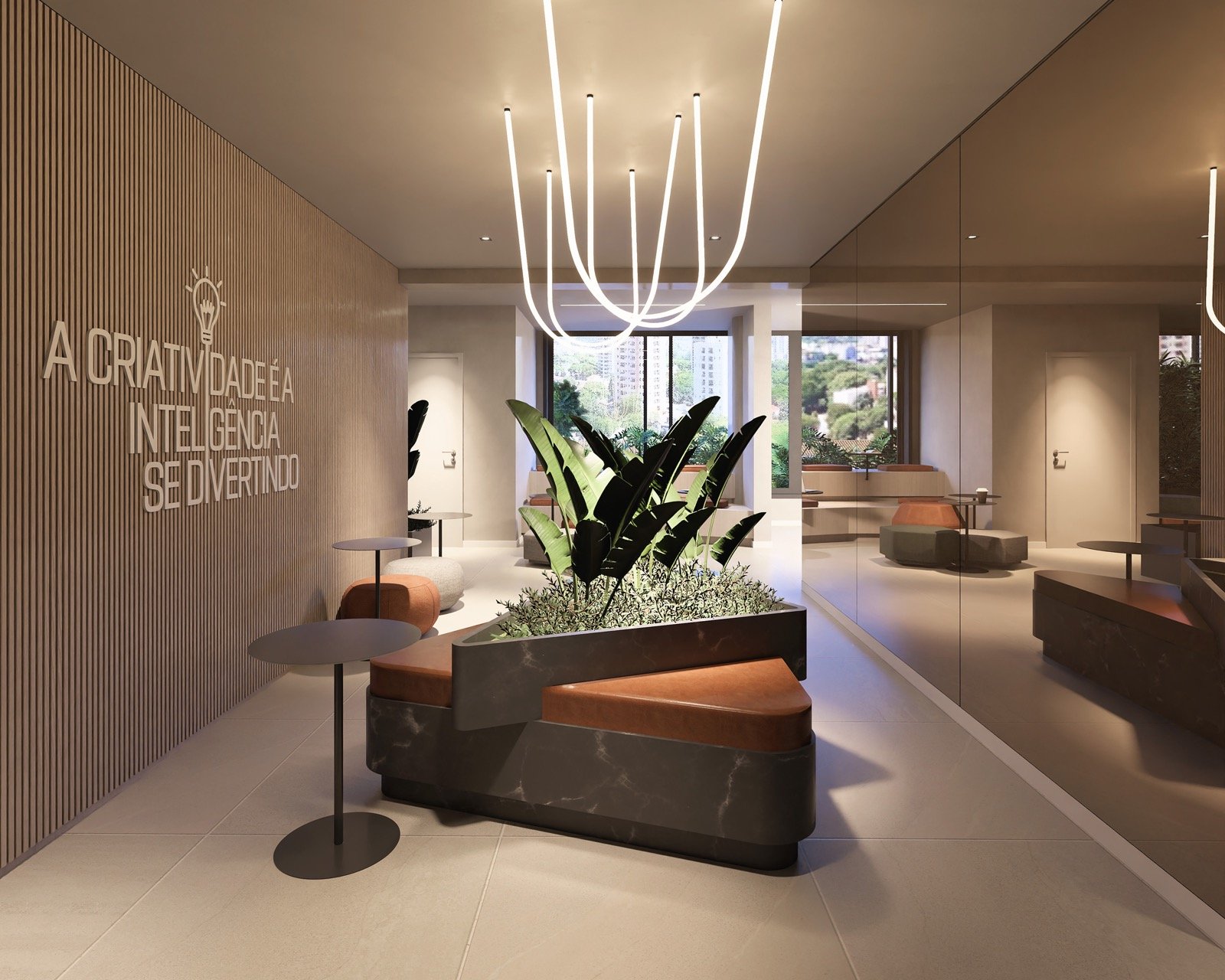 Perspectiva do coworking com lounge, luminárias pendentes e painel ripado