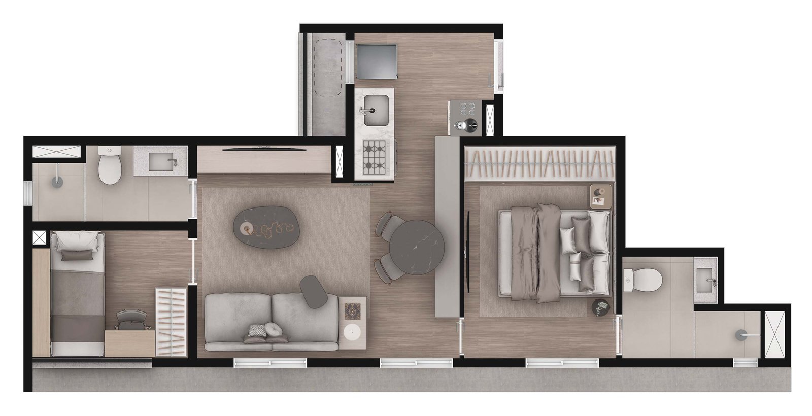 Planta humanizada do apartamento final 01 (47,08 m²) na opção de 2 dormitórios, sendo 1 suíte