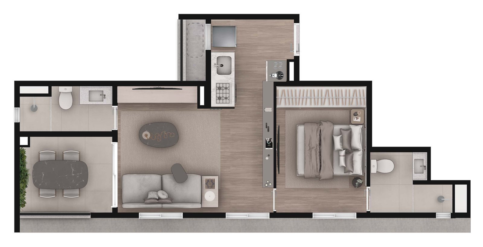 Planta humanizada do apartamento final 01 (47,08 m²) na versão com 1 suíte e terraço amplo