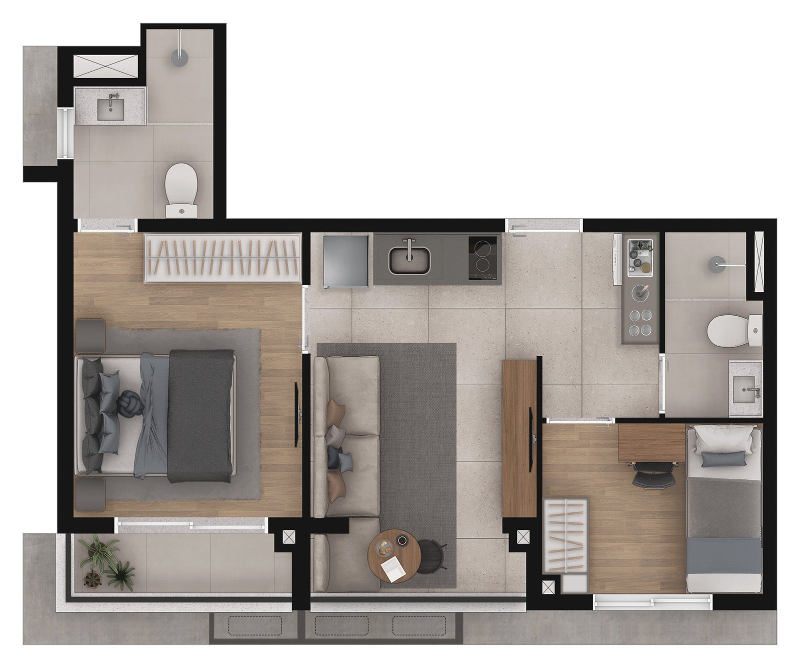 Planta humanizada do apartamento de 2 dormitórios final 02 (41,27 m²), sendo 1 suíte, com sala e cozinha integradas