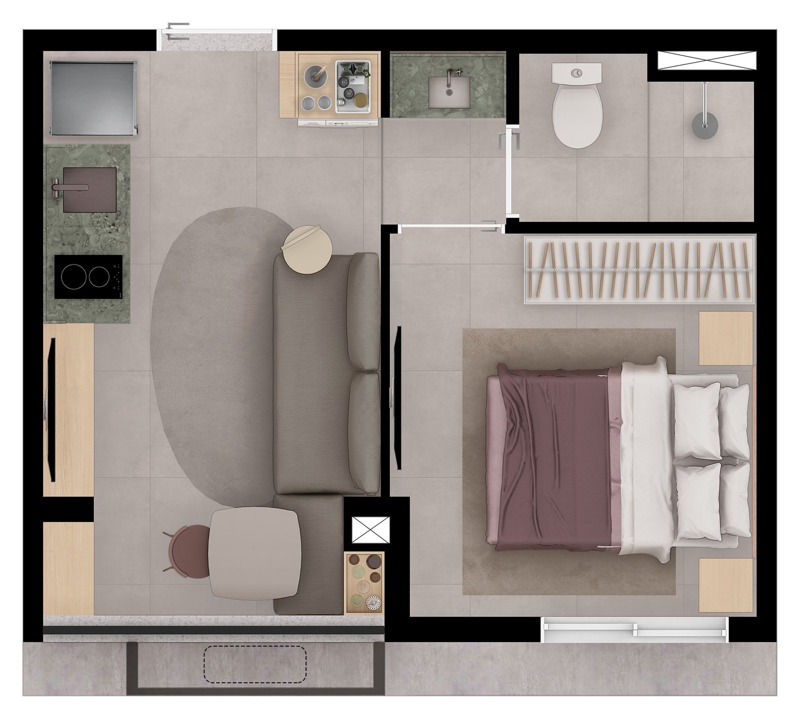 Planta humanizada do apartamento HIS-2 de 1 dormitório (final 04, 24,4 m², igual aos finais 03 a 14), com sala e cozinha integradas, quarto e banheiro