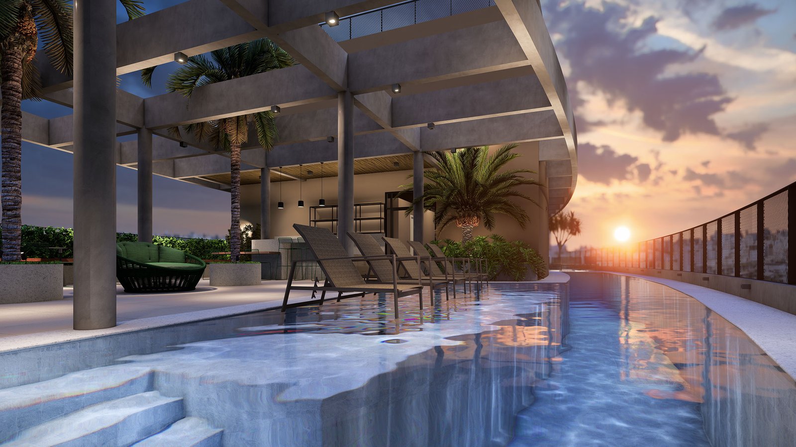 Perspectiva da piscina do rooftop ao pôr do sol, com deck molhado, pergolado e vista aberta para a cidade