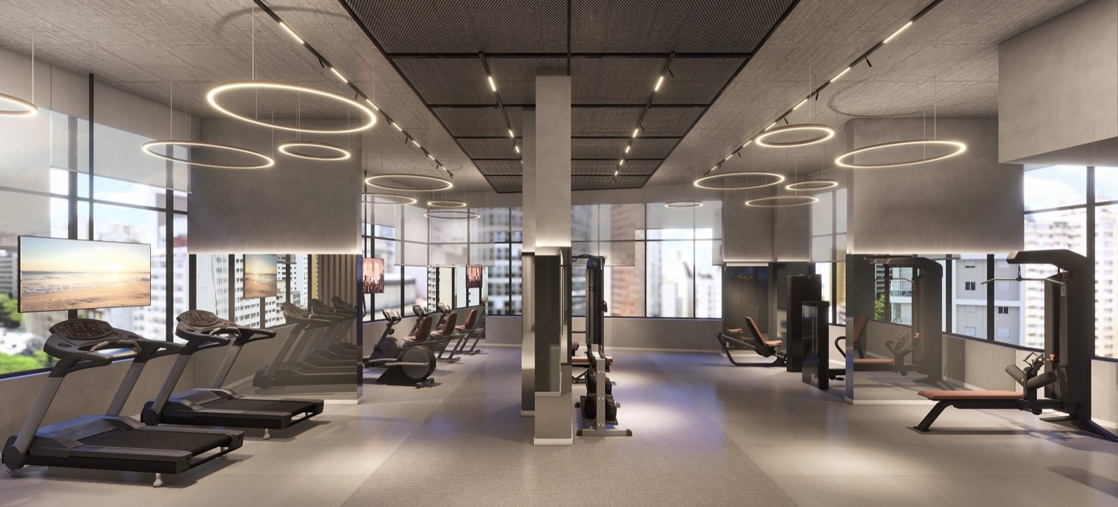 Perspectiva da academia de 190 m² com esteiras e estações de musculação