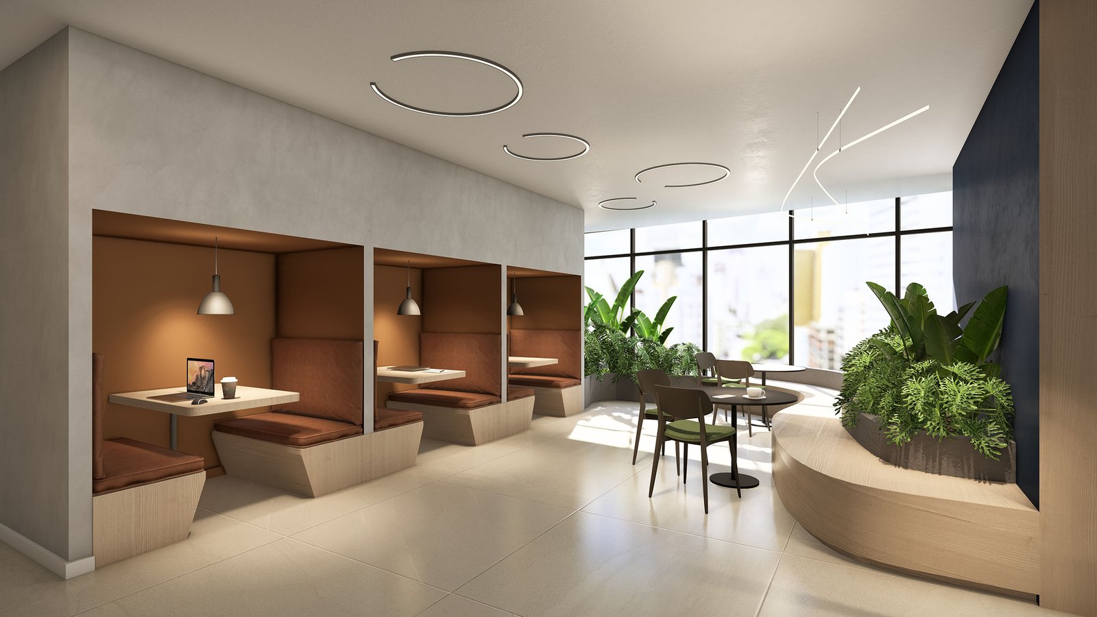 Perspectiva do coworking com cabines de reunião, mesas compartilhadas e jardim interno