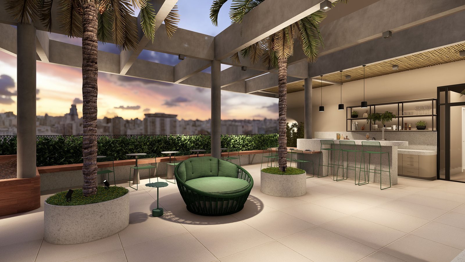 Perspectiva da churrasqueira e do estar do rooftop ao entardecer, com palmeiras, bar e vista para o skyline