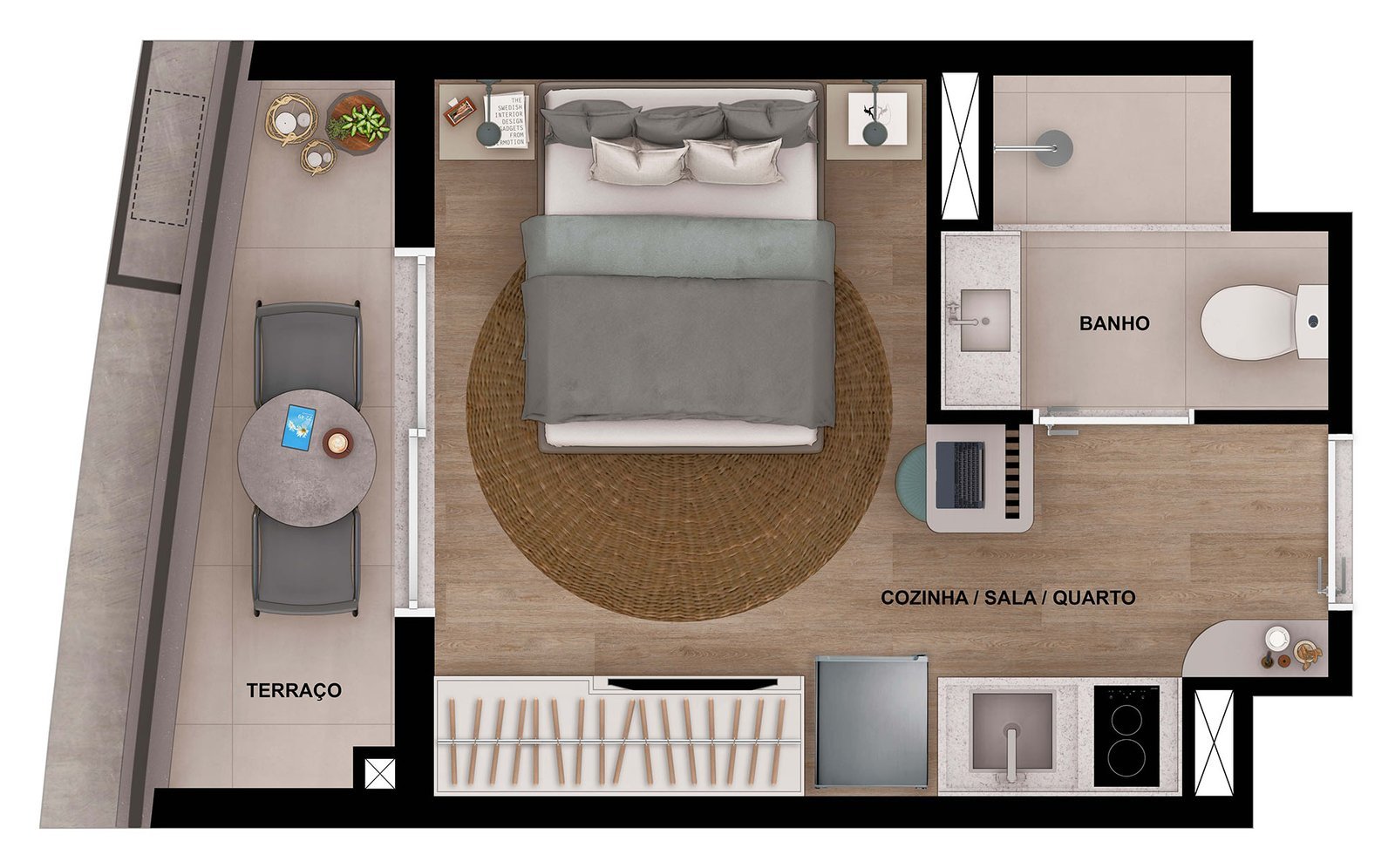 Planta humanizada do studio final 02 (21,55 m²), com ambiente integrado, banheiro e terraço