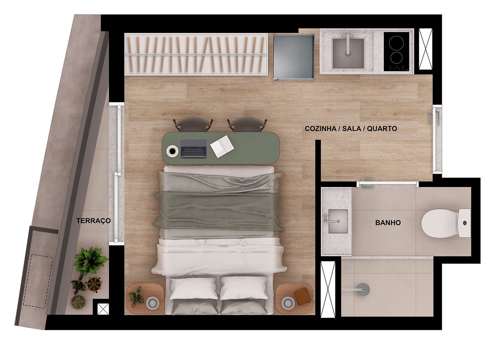 Planta humanizada do studio final 03 (19,07 m²), com ambiente integrado, banheiro e terraço