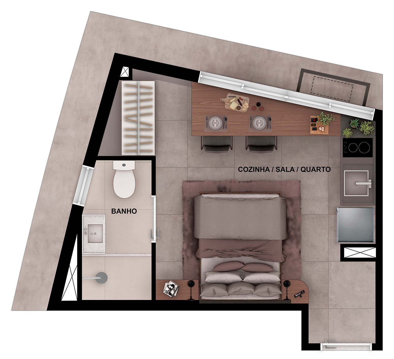 Planta humanizada do studio final 04 (20,45 m²), com cozinha, sala e quarto integrados e banheiro