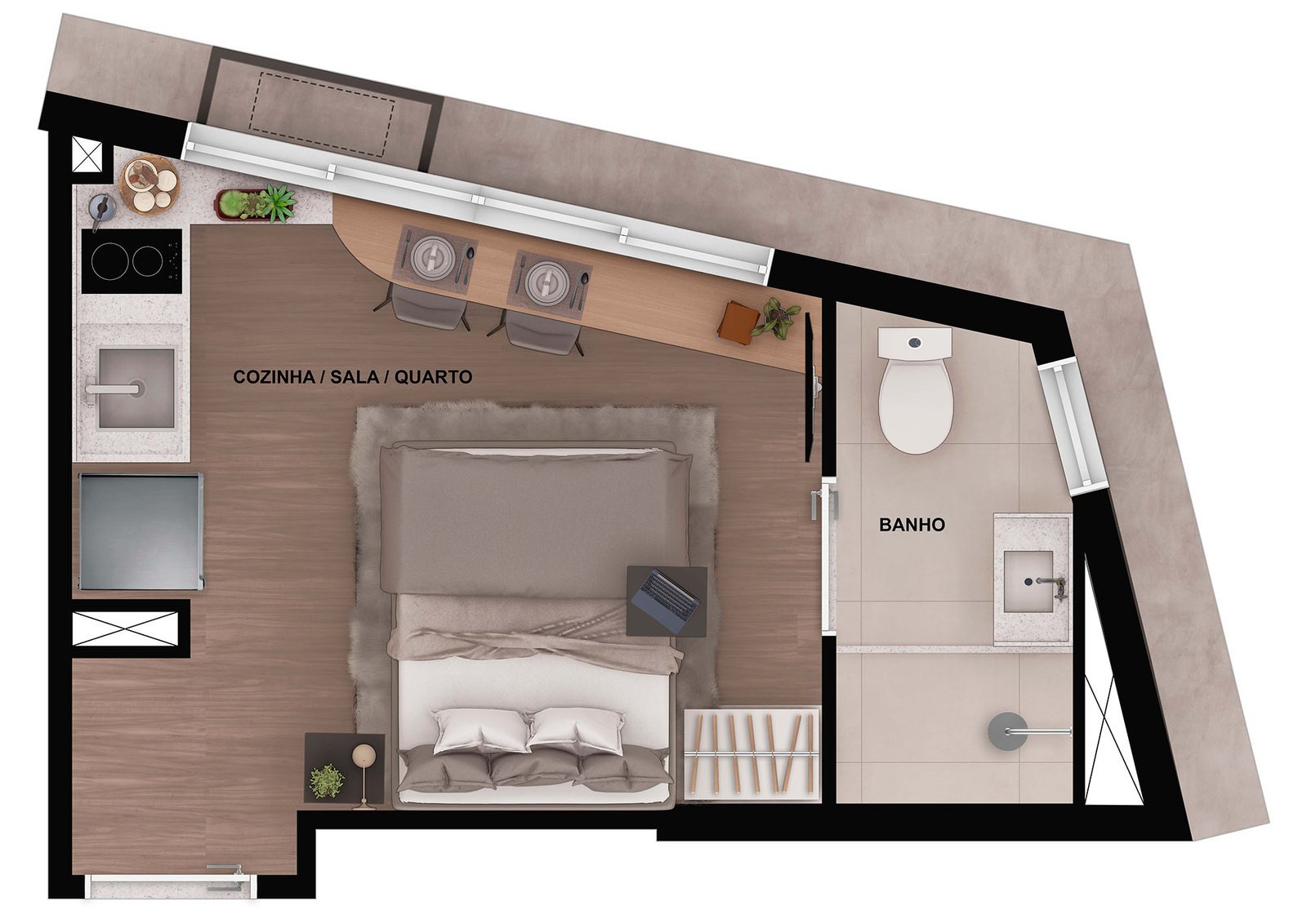 Planta humanizada do studio final 05 (17,01 m²), com cozinha, sala e quarto integrados e banheiro