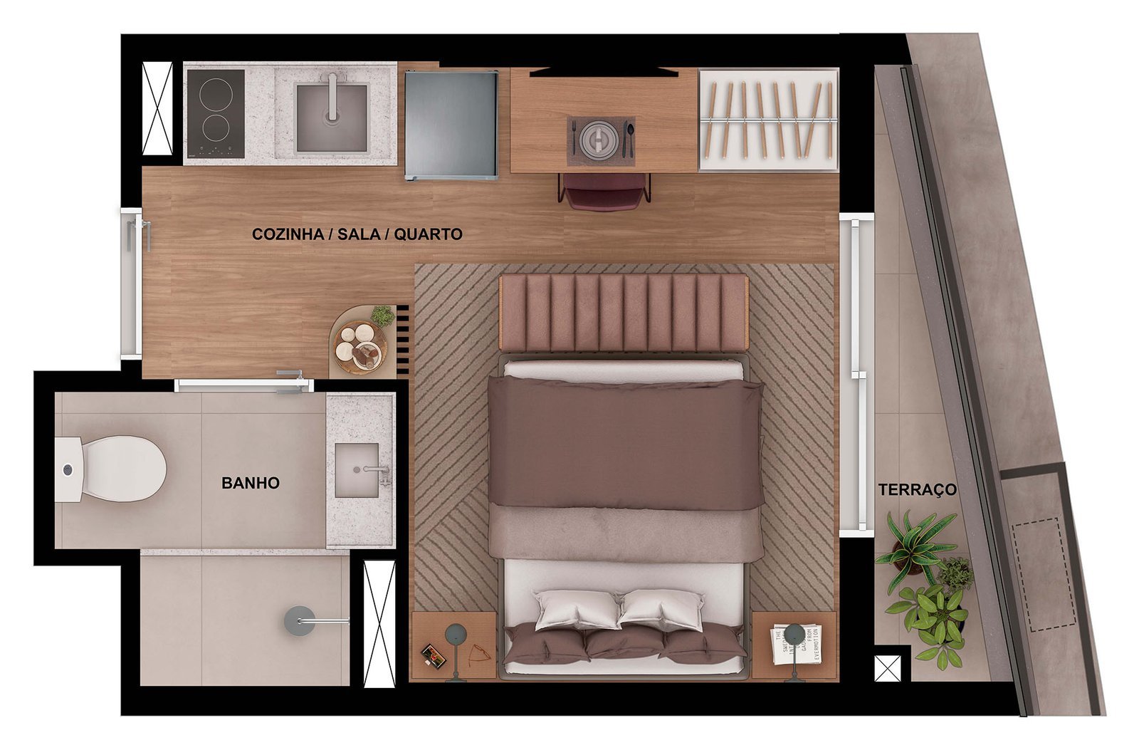 Planta humanizada do studio final 06 (18,46 m²), com ambiente integrado, banheiro e terraço