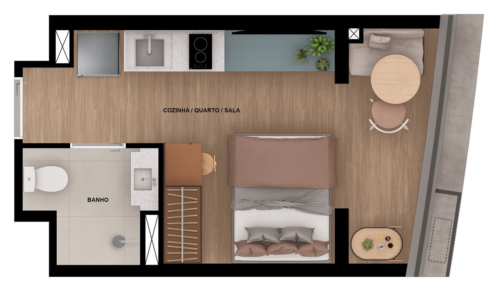 Planta humanizada do studio final 07 (20,51 m²), tipologia do decorado, com cozinha, quarto e sala integrados
