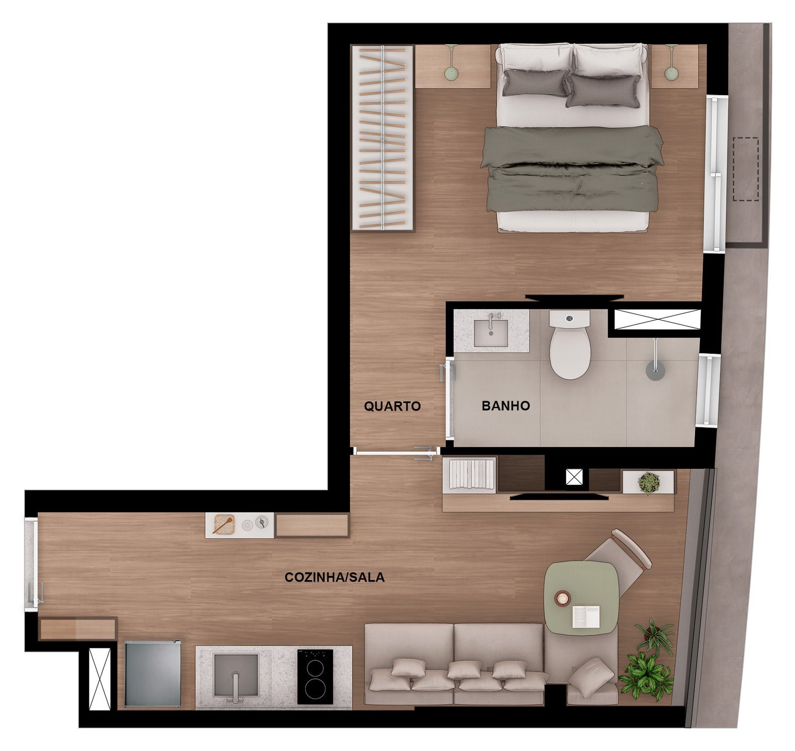 Planta humanizada do apartamento de 1 dormitório final 09 (28,09 m²), tipologia do decorado, com quarto, banheiro e cozinha e sala integradas