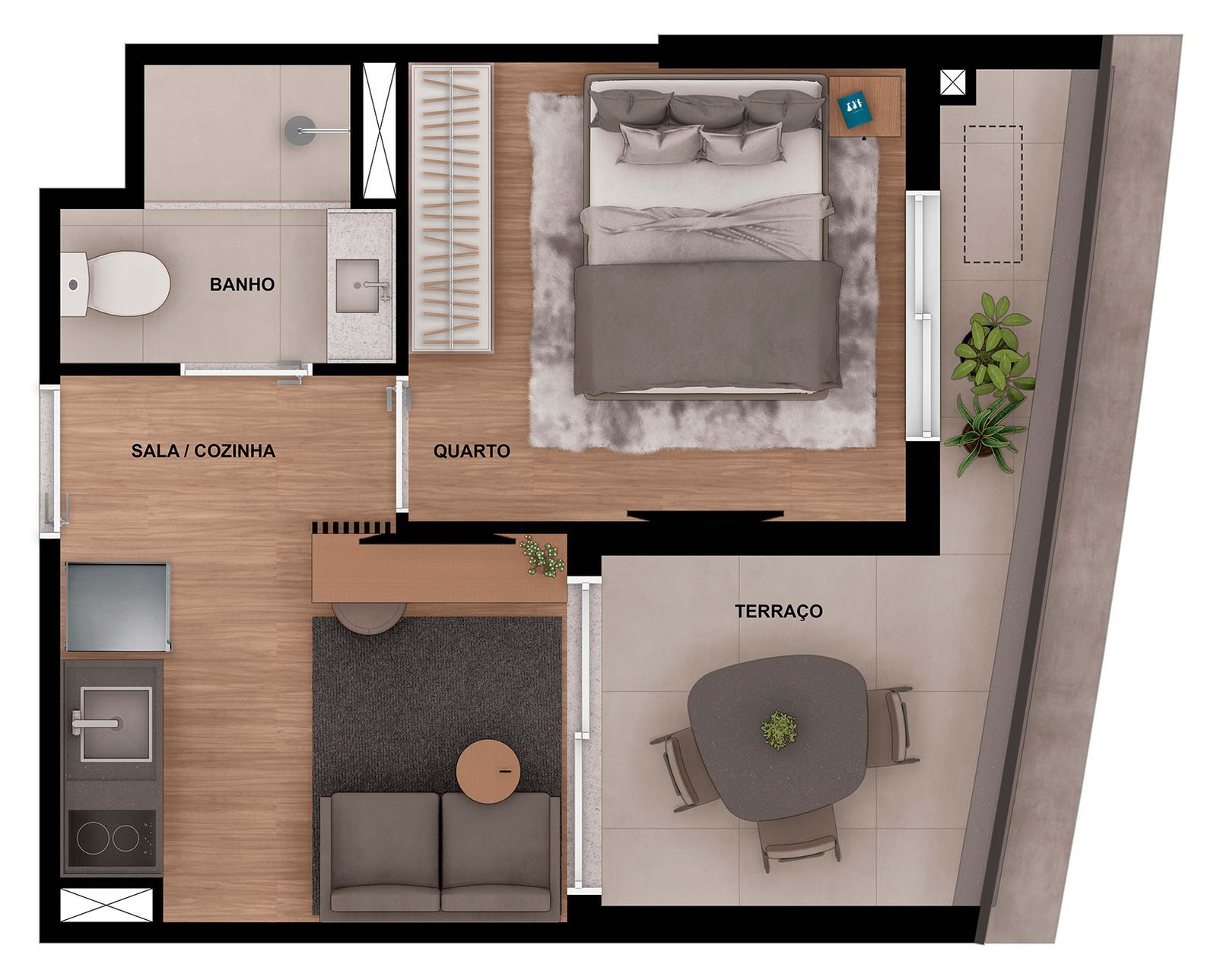 Planta humanizada do apartamento de 1 dormitório final 10 (29,45 m²), com sala e cozinha integradas, banheiro e terraço