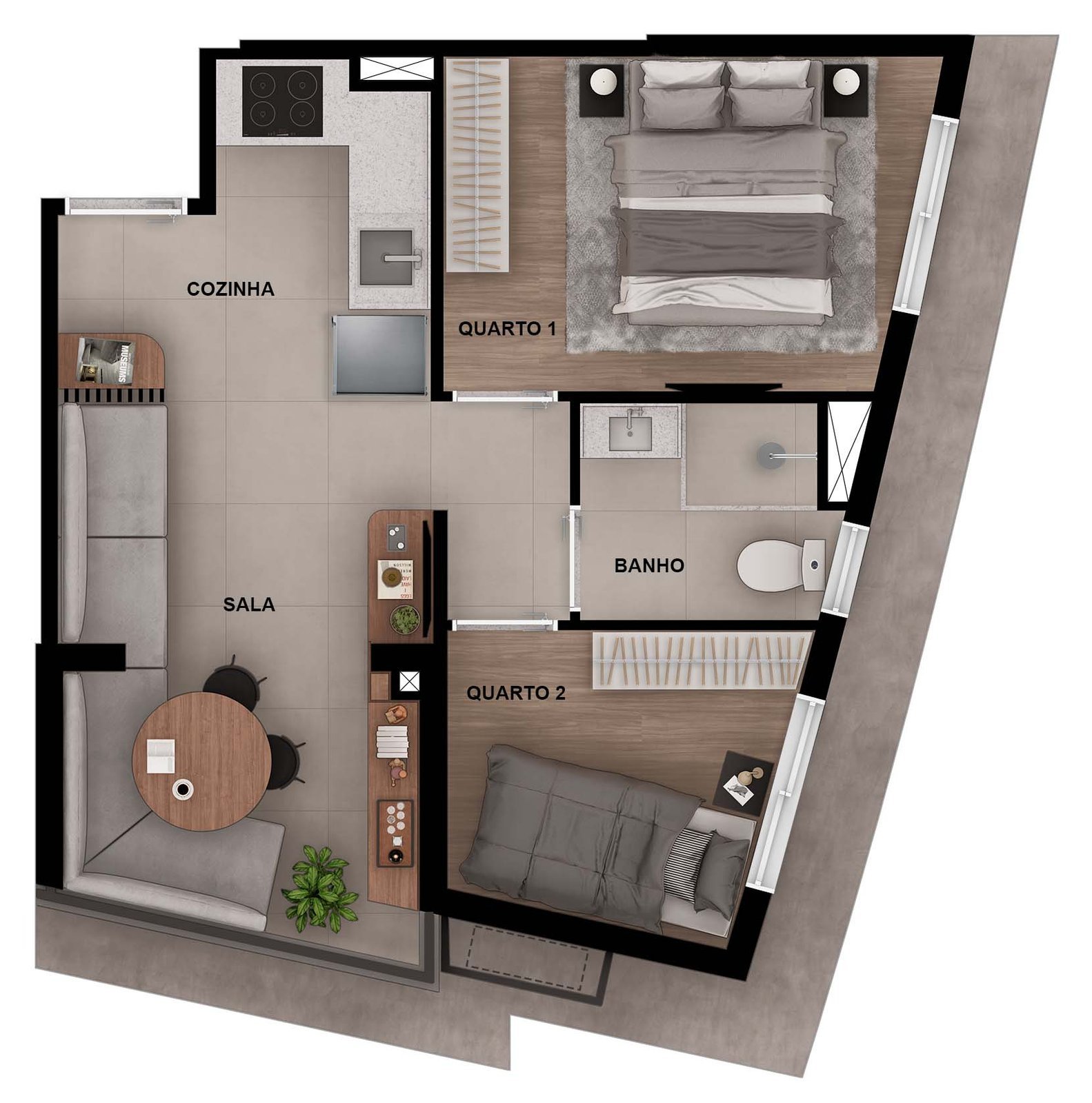 Planta humanizada do apartamento de 2 dormitórios final 11 (37,78 m²), com sala, cozinha, banheiro e dois quartos