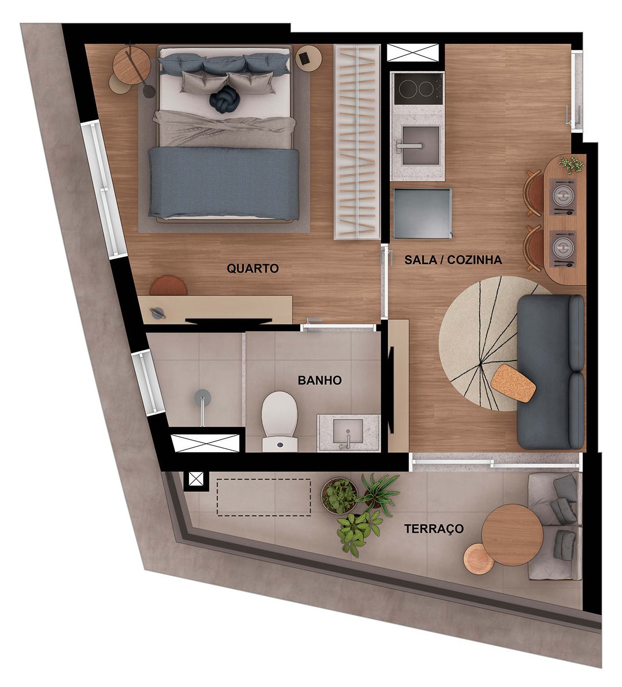 Planta humanizada do apartamento de 1 dormitório final 12 (27,71 m²), com sala e cozinha integradas, banheiro e terraço